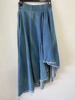 TOV Los Angeles Denim Asymmetric Frayed Hem Denim Maxi Skirt -S